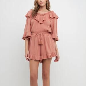 Free The Roses Ruffle Detail Romper Rust Size L Drawstring Waist V Neck Muslin